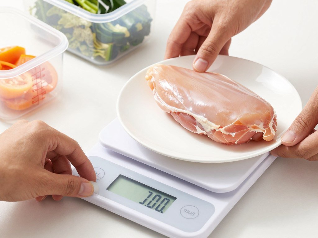 A person using a digital kitchen scale to measure chicken breast for meal prep