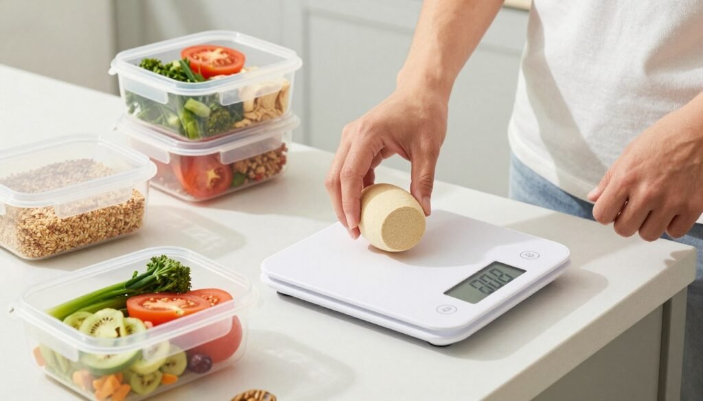 A person using a digital kitchen scale to prepare healthy meal prep containers