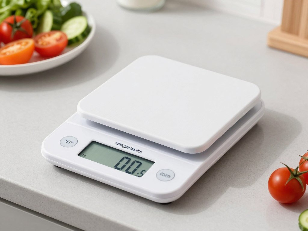 Amazon Basics Digital Kitchen Scale weighing food for meal prep