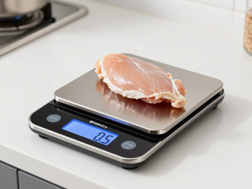 Etekcity Digital Kitchen Scale weighing chicken breast for meal prep