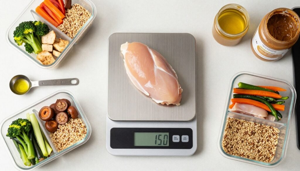 Meal prep containers with perfectly portioned protein, carbs, and vegetables weighed on a digital scale