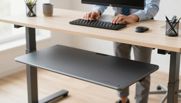 A busy professional using a walking pad under their desk while working