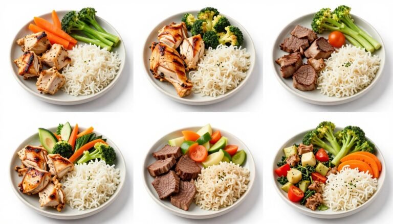 A colorful spread of seven high-protein dinner meals arranged in a weekly grid format