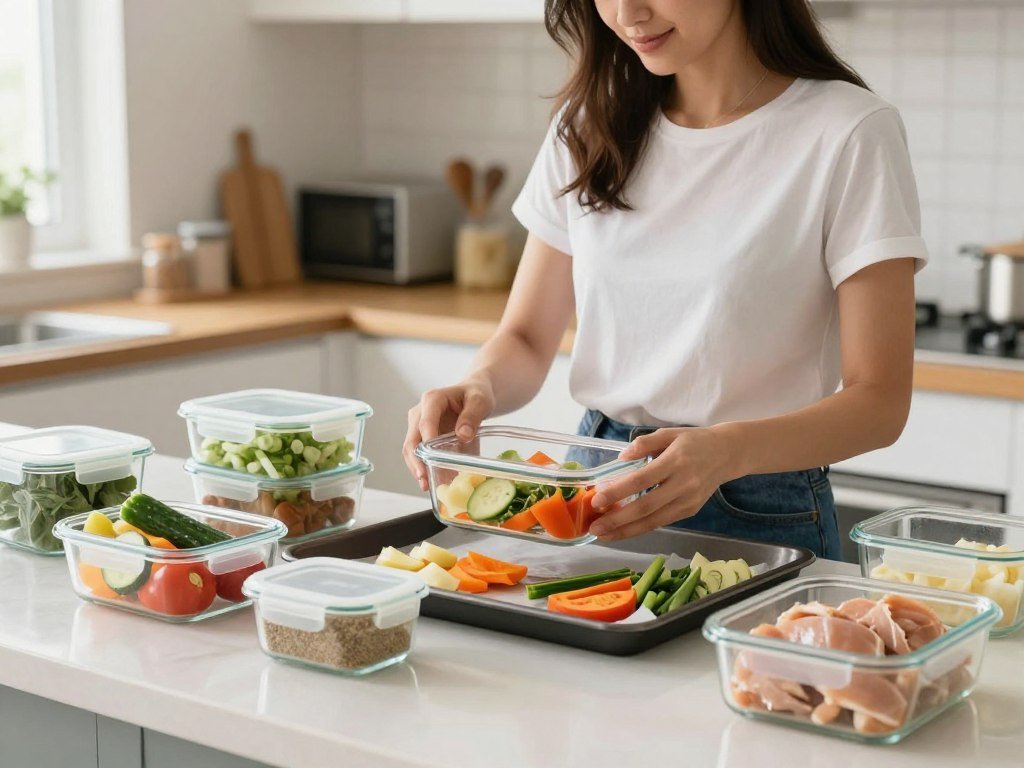 A woman preparing a high-protein dinner using pre-prepped ingredients from containers