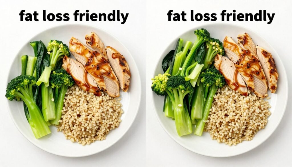 Before and after plates showing portion control for fat loss