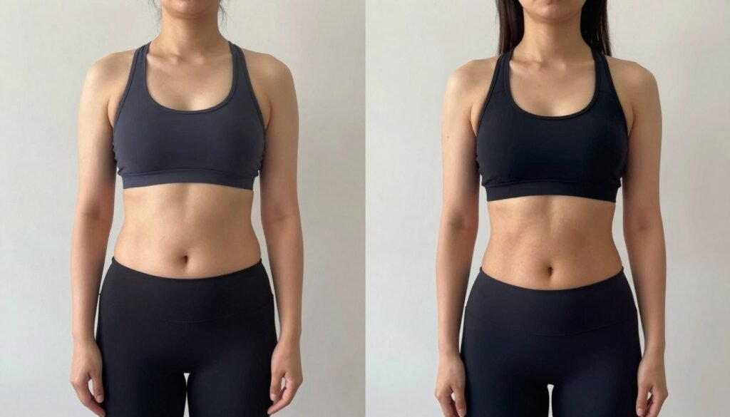 Before and after transformation of woman overcoming skinny fat for Skinny Fat Survival Guide