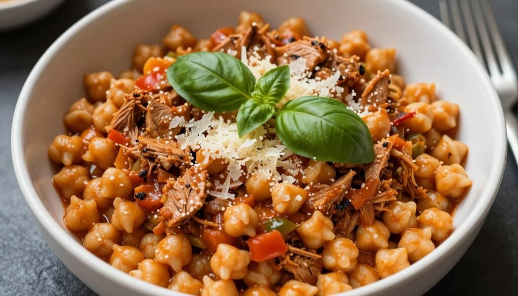 Bowl of protein-enriched pasta with turkey bolognese sauce and vegetables