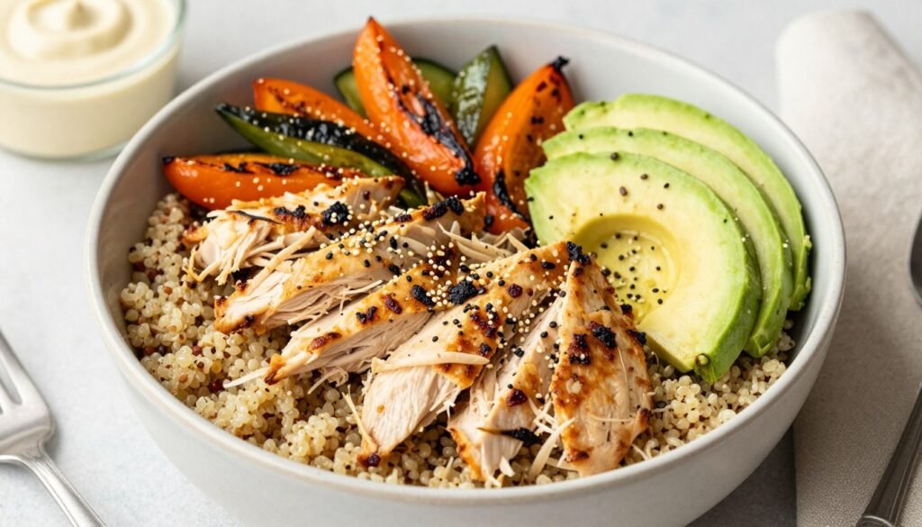 Bowl with shredded rotisserie chicken, quinoa, and colorful vegetables