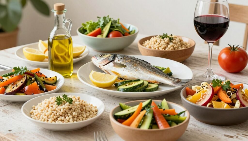 Colorful Mediterranean diet meal with olive oil, fish, vegetables, and whole grains