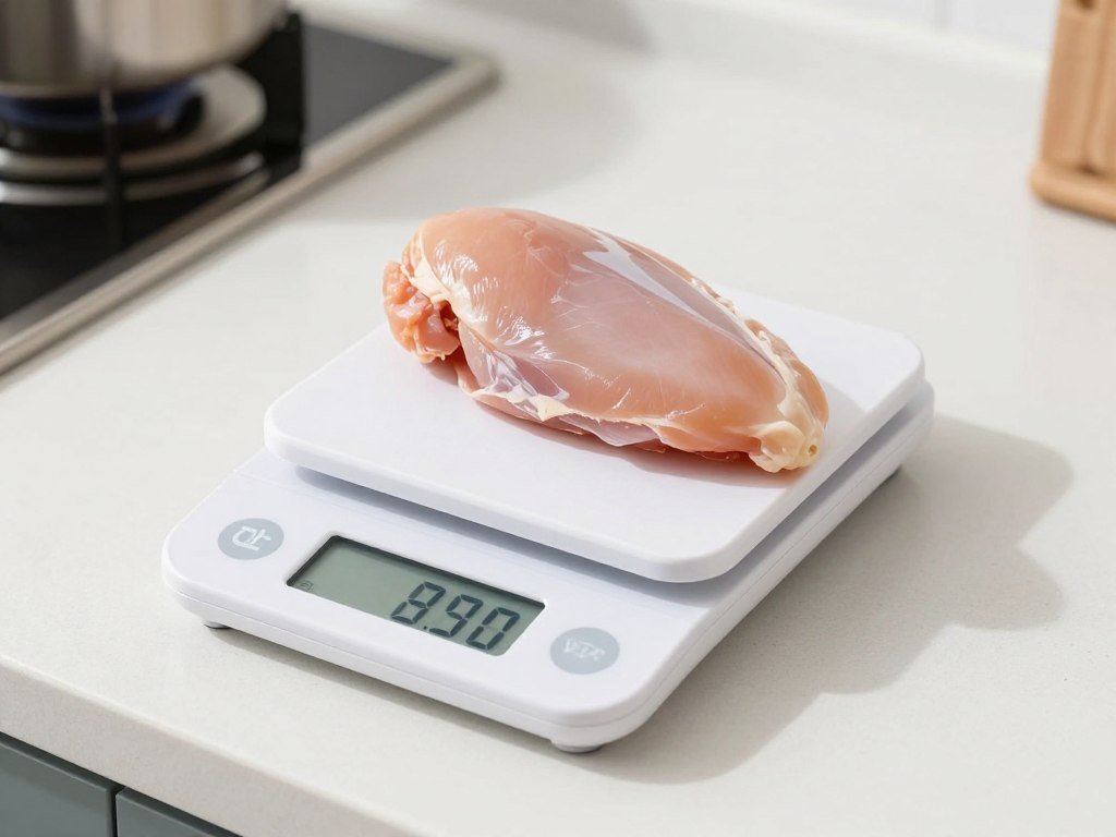 Digital food scale measuring chicken breast for meal prep