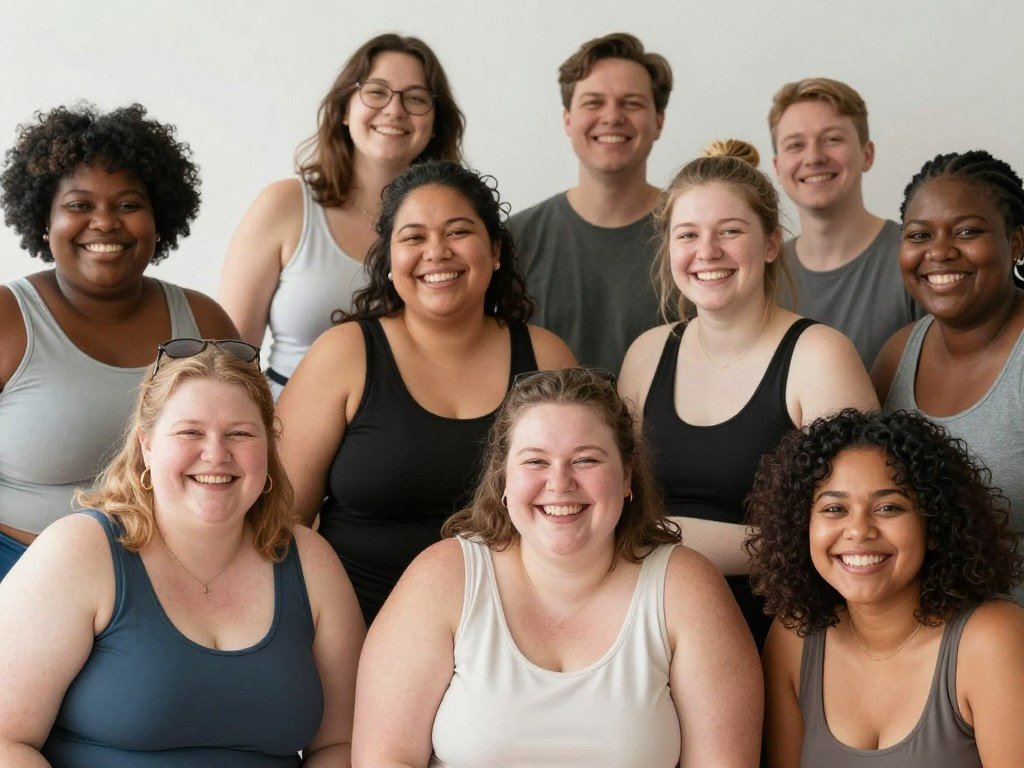 Diverse group of people of different body types smiling together, breaking the equation weight equals self-worth Diverse group of people of different body types smiling together, breaking the equation weight equals self-worth