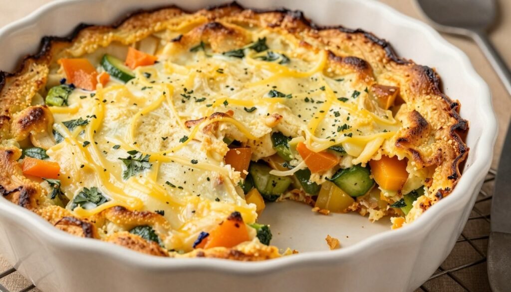 Egg casserole with vegetables, cheese, and herbs in a baking dish