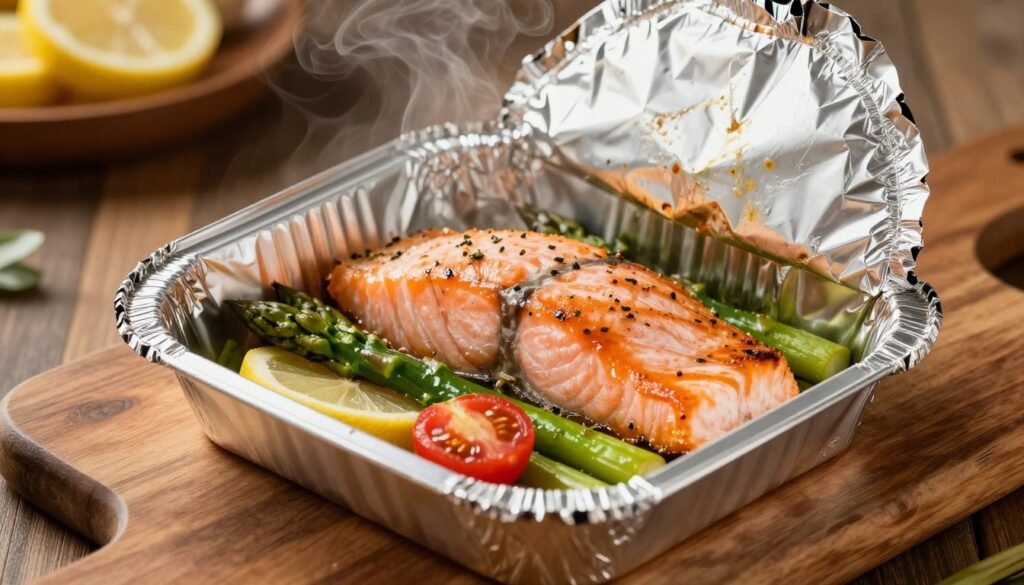 Foil packet with salmon fillet and vegetables