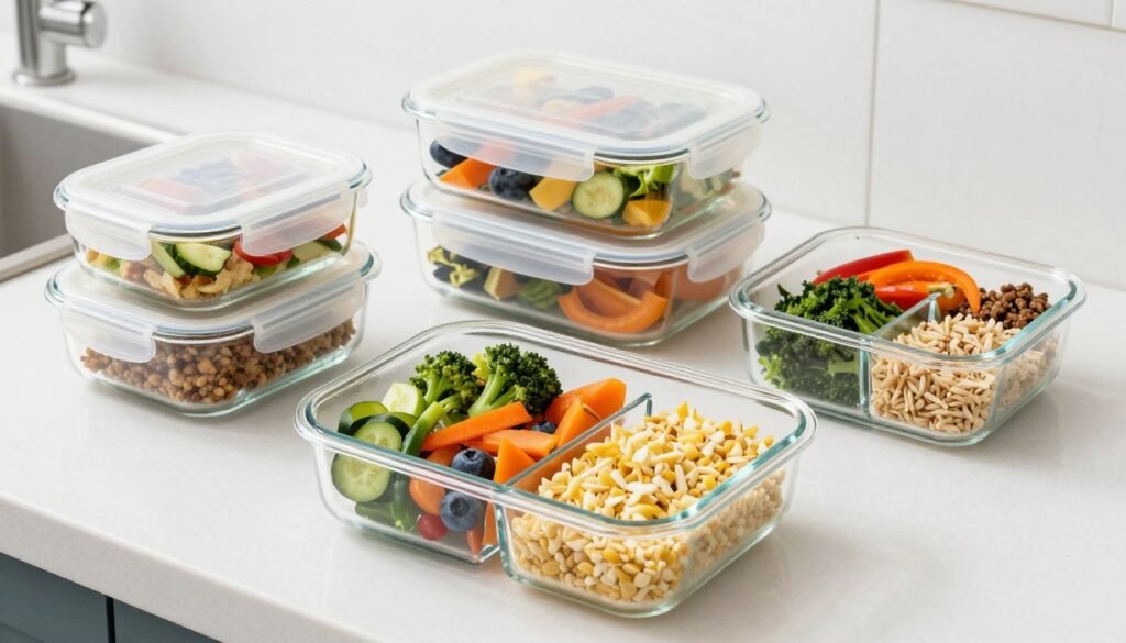 Glass meal prep containers with divided sections filled with prepared meals