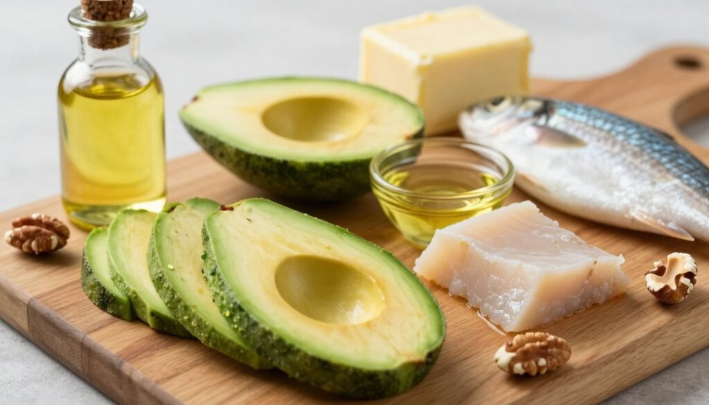 Healthy keto-friendly fat sources arranged on a wooden board