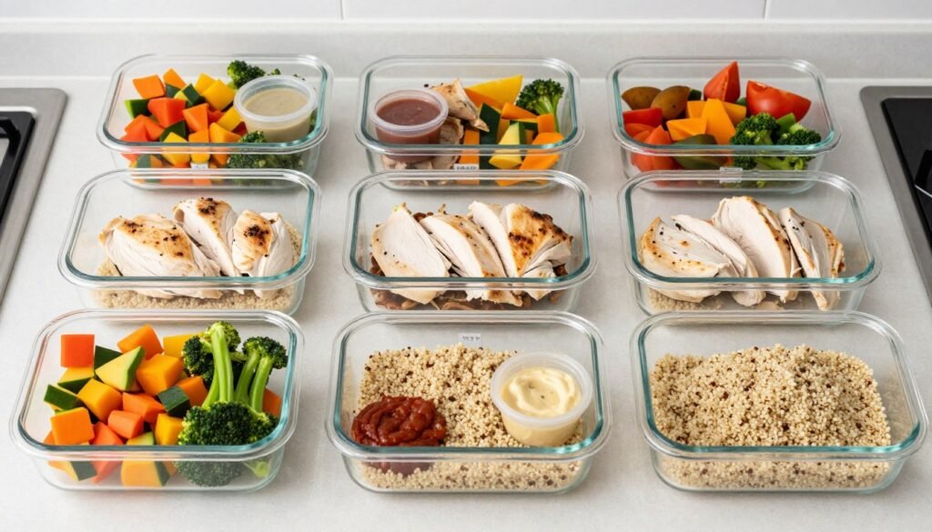 Meal prep containers with prepped ingredients for high-protein dinners