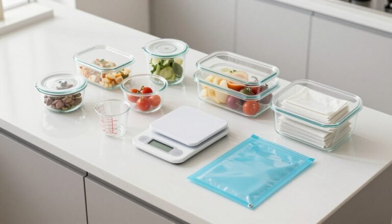 Meal prep tools arranged on a kitchen counter including containers, measuring tools, and storage solutions