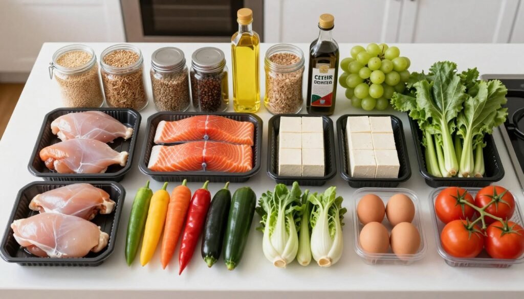 Organized grocery items for high-protein dinners laid out by category