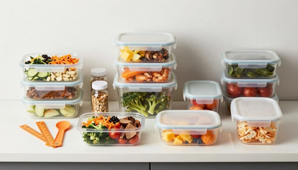 Organized meal prep station with essential tools and prepared meals