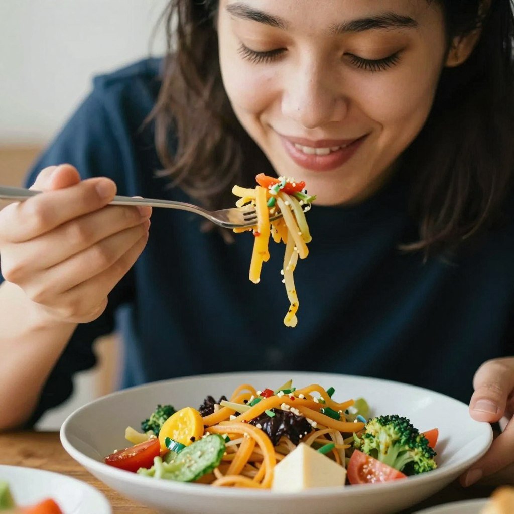 Person enjoying mindful eating with pleasure, breaking the equation weight equals self-worth