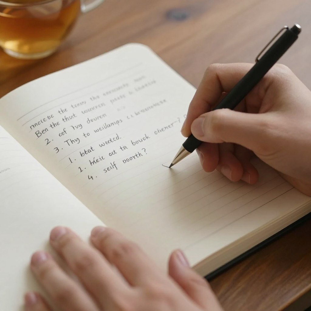 Person journaling reflective questions about self-worth, breaking the equation weight equals self-worth