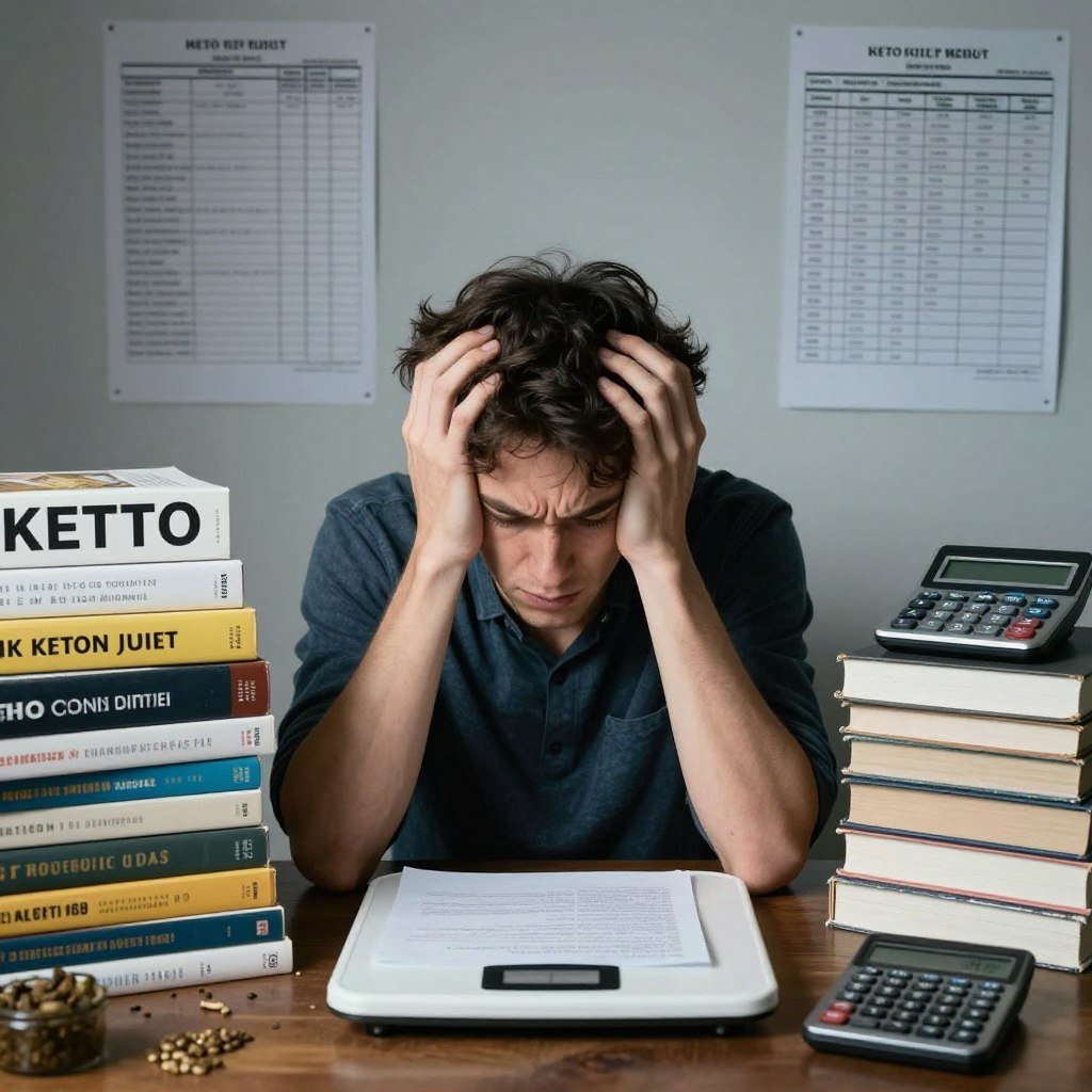 Person looking overwhelmed by complex keto rules and calculations