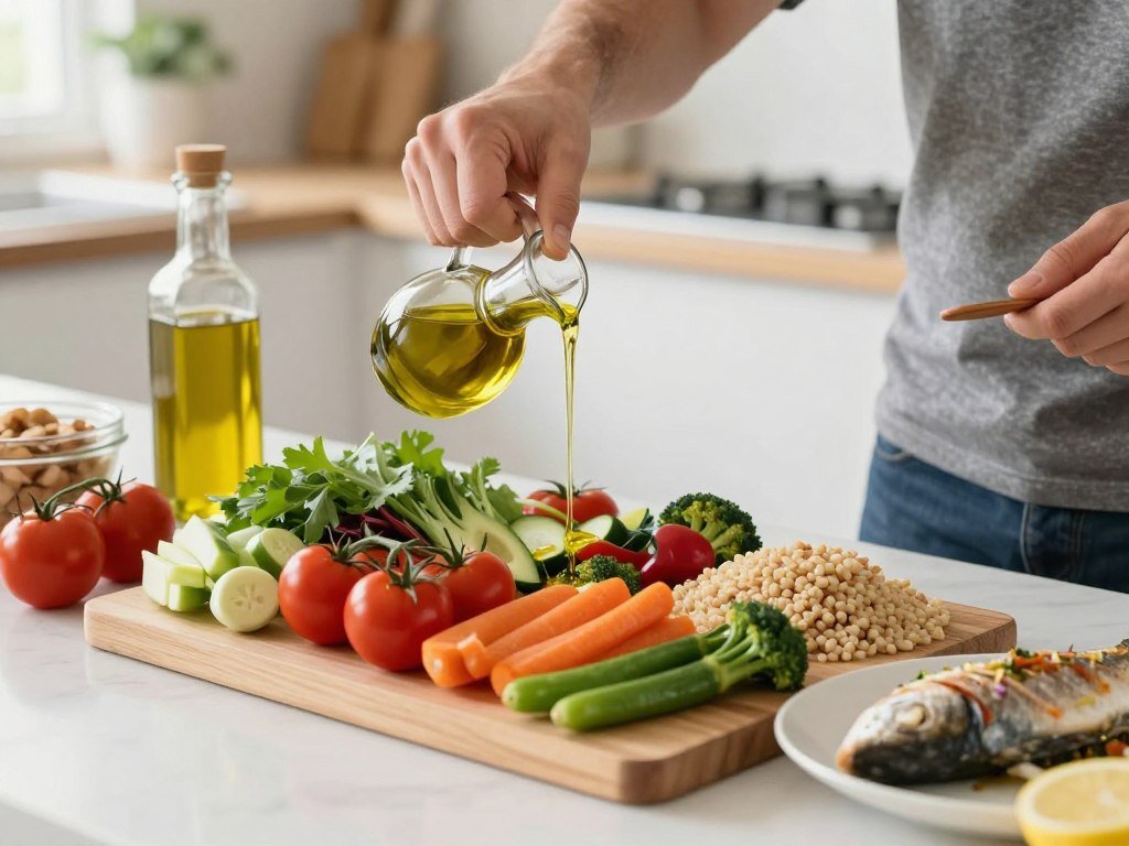 Person preparing a Mediterranean diet meal with olive oil and fresh vegetables