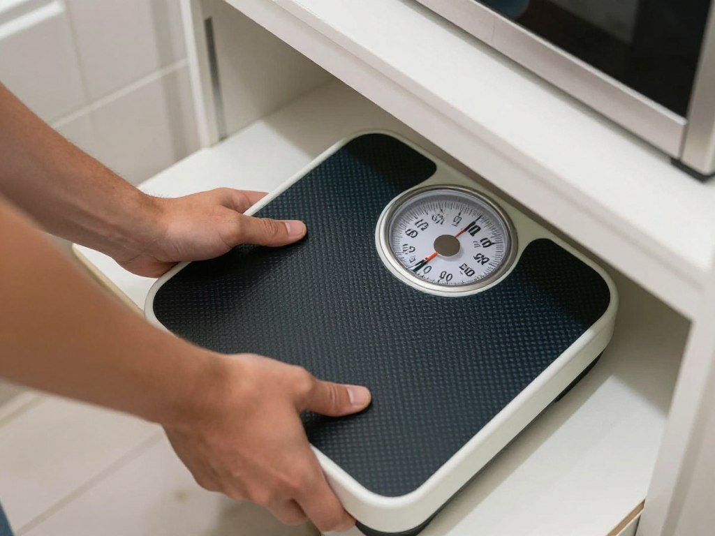 Person putting away bathroom scale in closet, breaking the equation weight equals self-worth