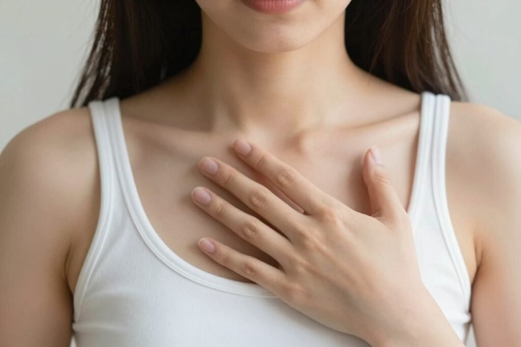 Person with hand on heart practicing self-worth affirmation, breaking the equation weight equals self-worth Person with hand on heart practicing self-worth affirmation, breaking the equation weight equals self-worth