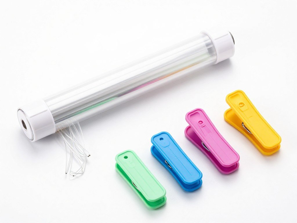 Plastic wrap cutter and assorted bag clips for food storage