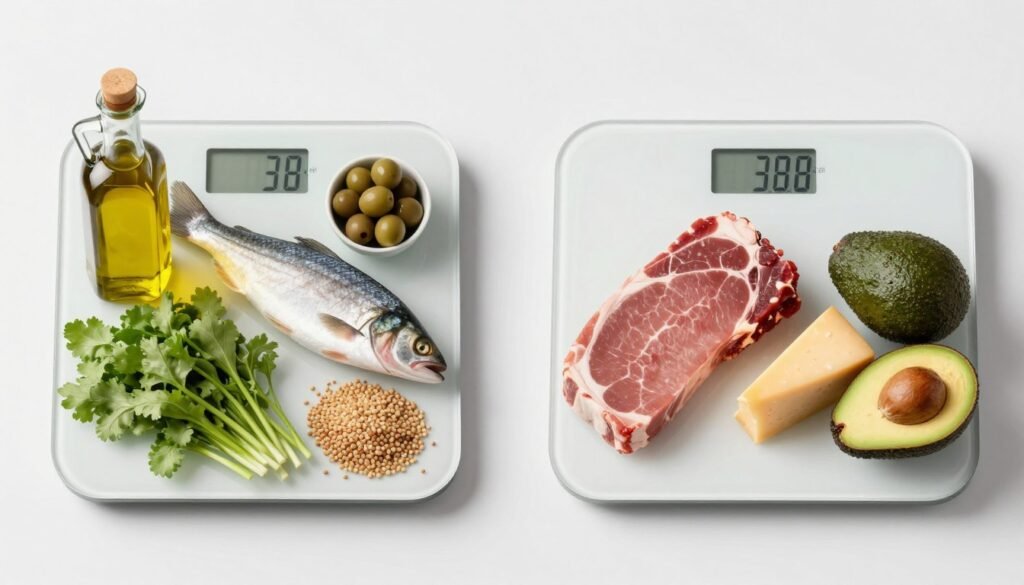 Scale showing weight loss results with Mediterranean and keto diet foods in background