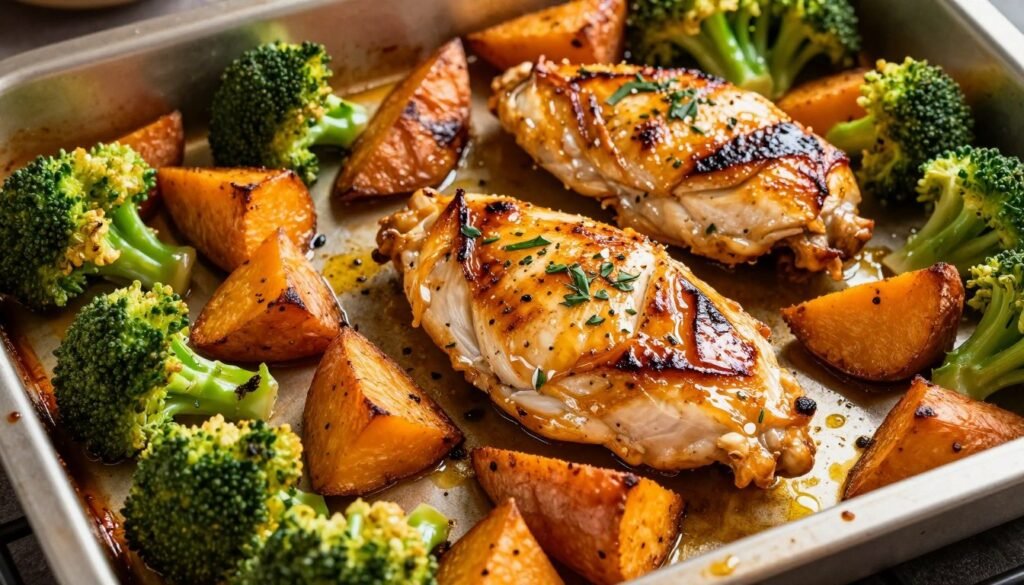 Sheet pan with roasted chicken breast, sweet potatoes, and broccoli