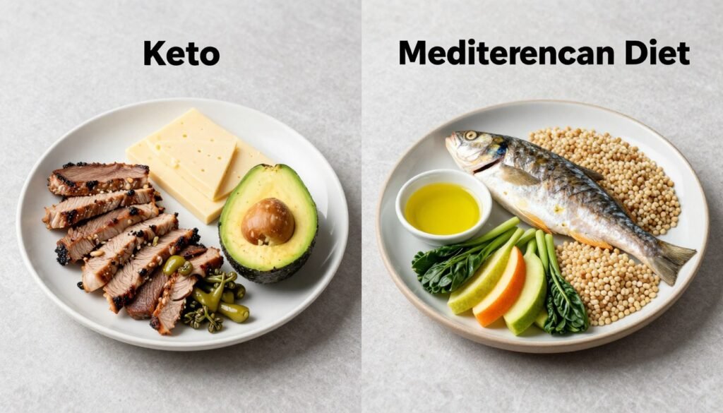 Side-by-side comparison of typical keto and Mediterranean diet meals