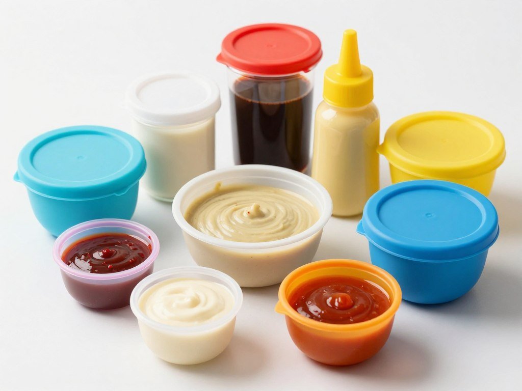 Small portable condiment containers filled with various sauces and dressings
