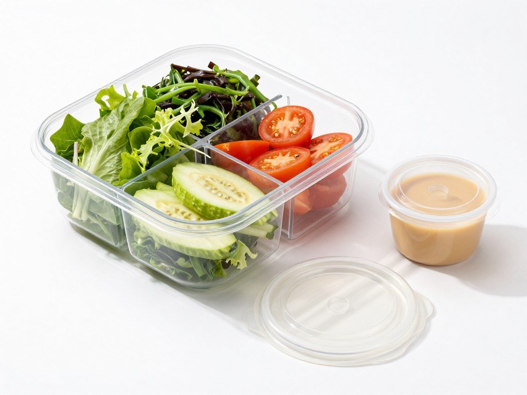 Specialized salad container with separate dressing cup and toppings tray