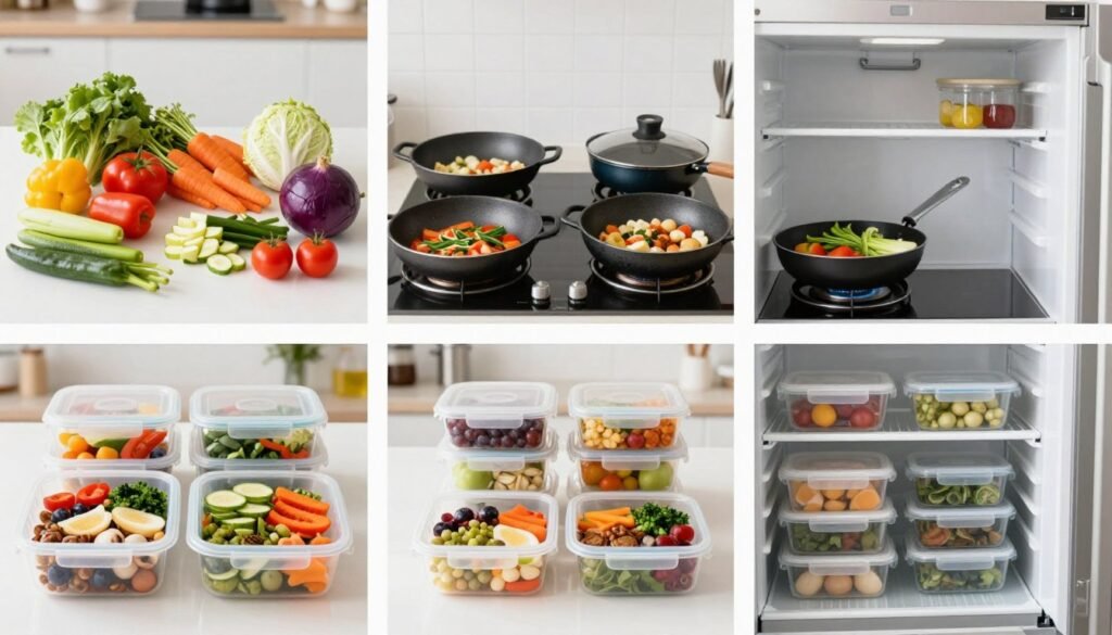 Step-by-step meal prep process showing ingredients, chopping, cooking, and final packed containers