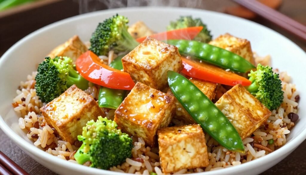 Stir-fry with crispy tofu cubes and colorful vegetables over rice