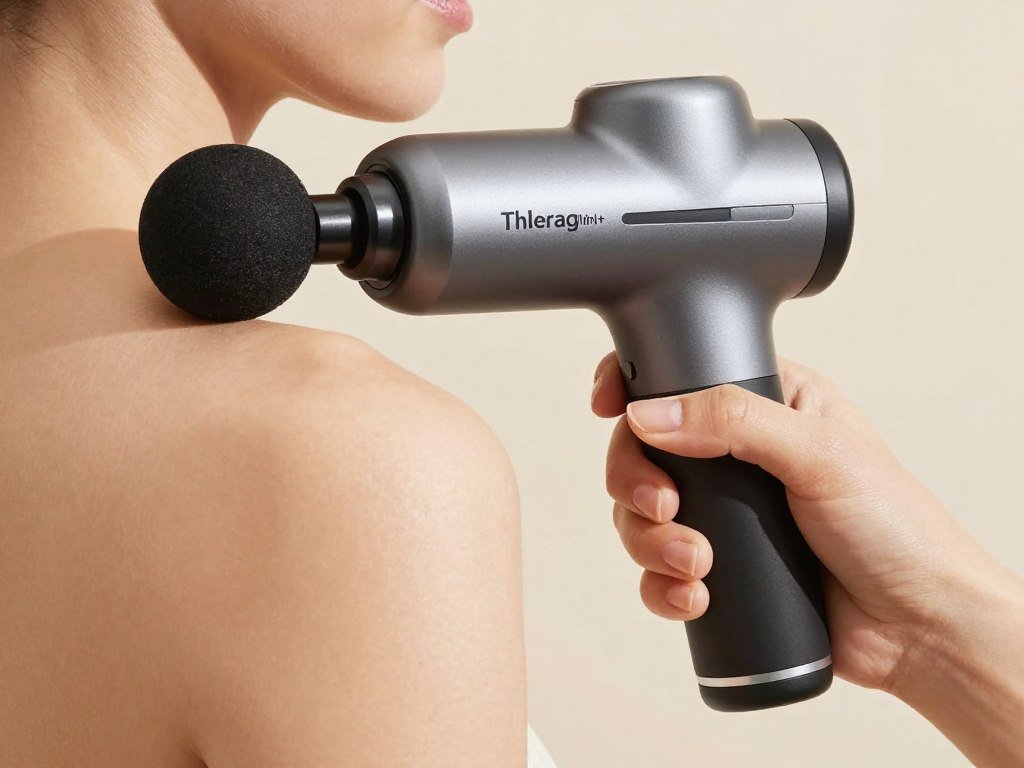 Theragun Mini+ massage gun being used on shoulder muscles