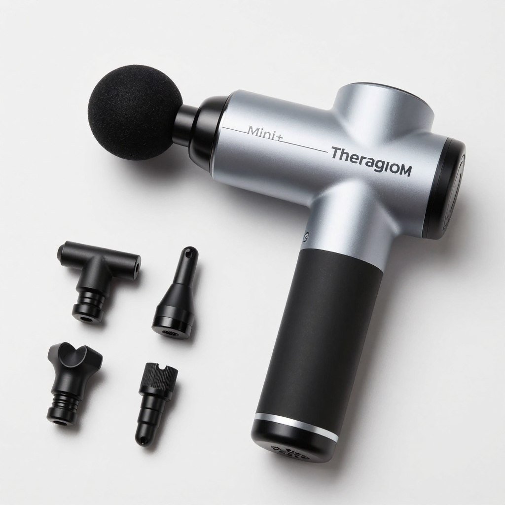 Theragun Mini+ with its three attachment heads