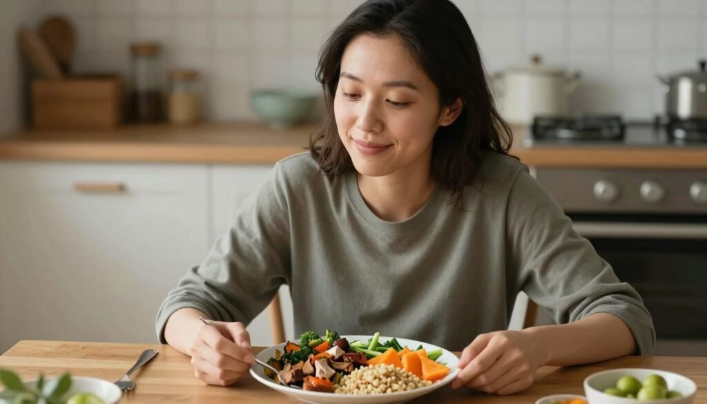 Woman enjoying a high-protein dinner while looking satisfied