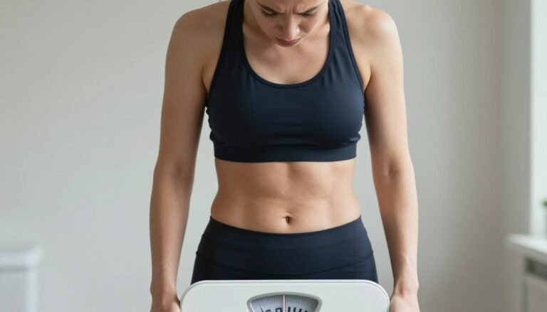 Woman looking frustrated at scale despite being thin - Skinny Fat Survival Guide concept