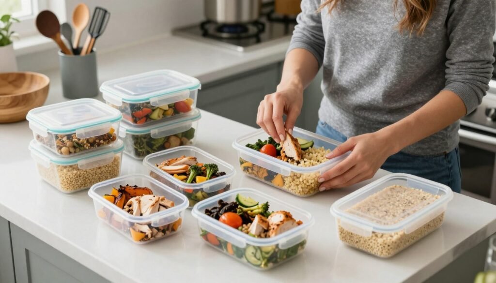 Woman meal prepping multiple portions of high-protein dinners