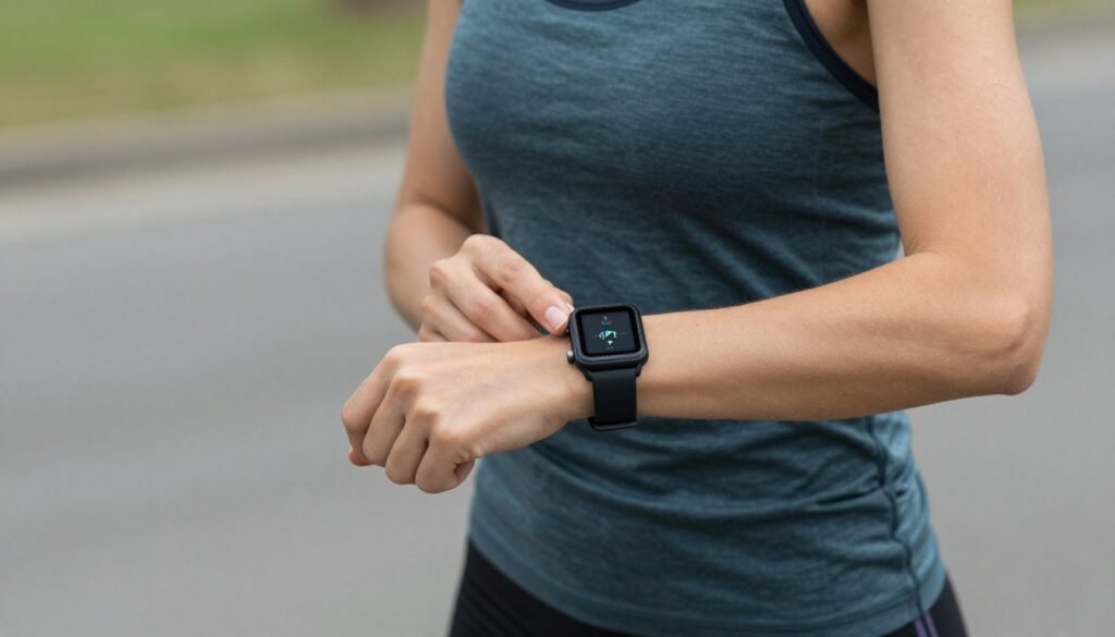 Woman tracking steps on fitness watch for NEAT activity in Skinny Fat Survival Guide