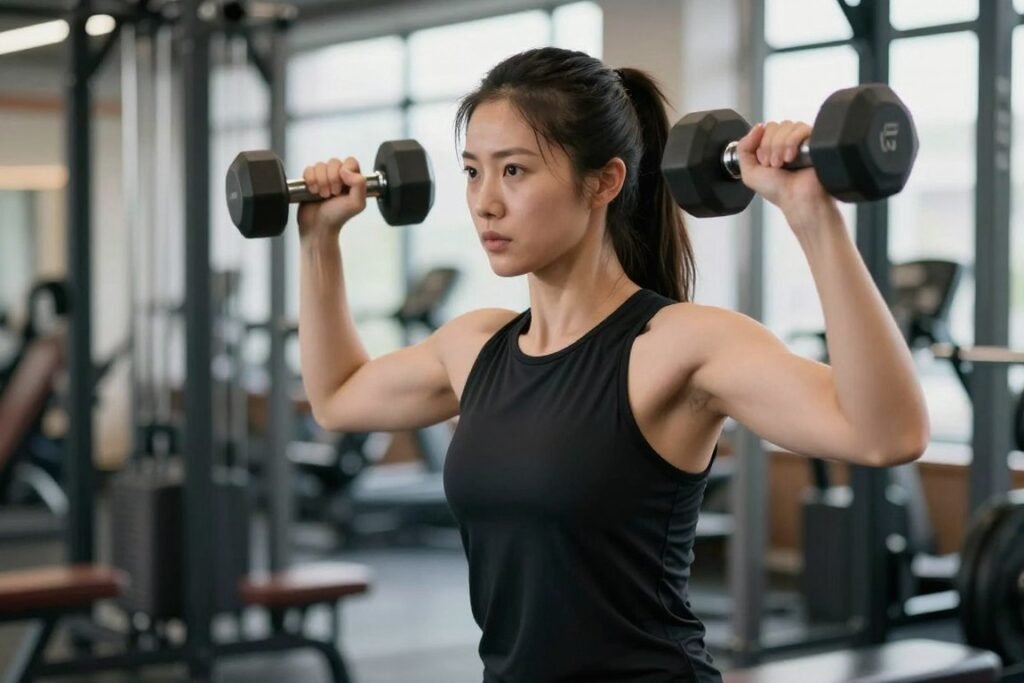 Woman wearing THE GYM PEOPLE Ice Silk top during a dumbbell workout